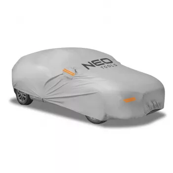NEO TOOLS daugiasluoksnė vandeniui atspari automobilio dangos XL, 2 sluoksnių PEVA, UV apsauga, tamprus kraštas, tvirtinimo dirželiai, pilka