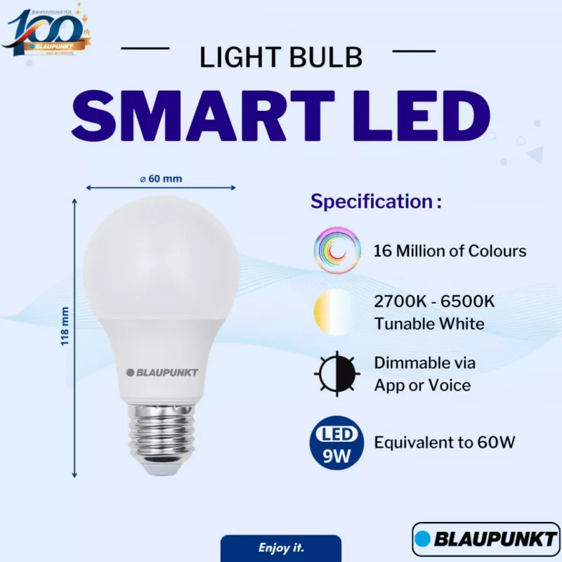 Blaupunkt E27 9W išmanioji LED lemputė A60 – reguliuojama balta ir RGB, Wi-Fi, Alexa/Google Assistant
