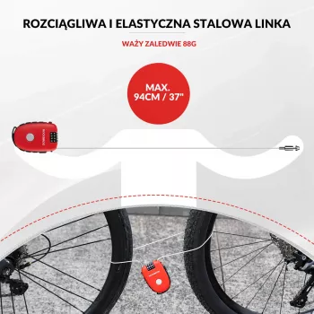 Rockbros įtraukiamas trosinis spynos 32420981001 raudonas - 3 skaitmenų kombinacija, 90 cm pintas plienas
