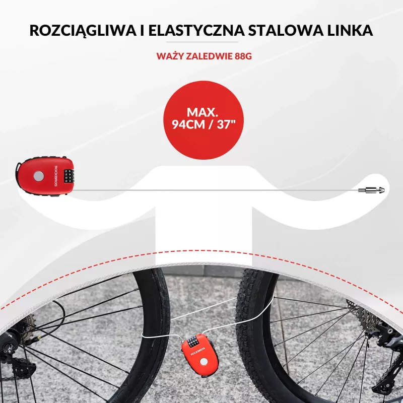 Rockbros įtraukiamas trosinis spynos 32420981001 raudonas - 3 skaitmenų kombinacija, 90 cm pintas plienas