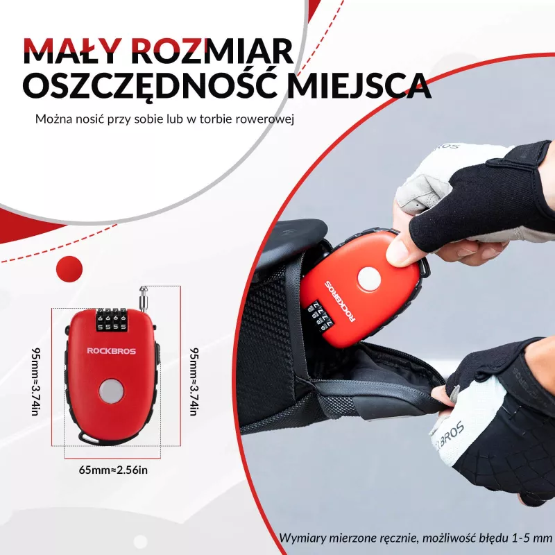 Rockbros įtraukiamas trosinis spynos 32420981001 raudonas - 3 skaitmenų kombinacija, 90 cm pintas plienas