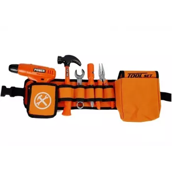 LEAN TOYS Handyman Set diržas, gręžtuvas, atsuktuvas, replės, plaktukas – 12 dalių žaislinis įrankių rinkinys vaikams