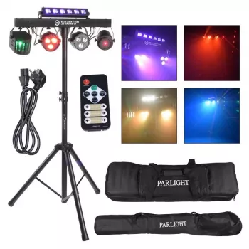 LIGHT4ME BEAM LASER STROBE LED PAR DERBY UV I – 4-in-1 daugiaefektis scenos šviestuvas su raudonu/žaliu lazeriu, UV ir DMX valdymu