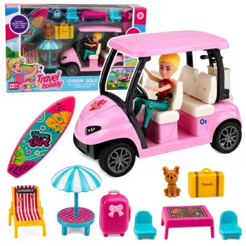 LEAN TOYS Meleks Golfo rinkinys lėlėms su šuniuku - 7 dalių golfo aksesuarai