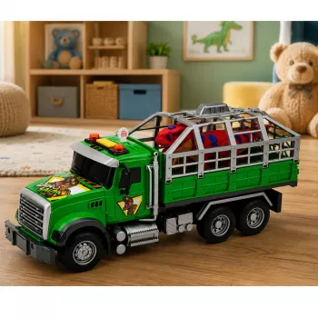 LEAN TOYS Transporter Truck su narveliu ir T-Rex dinozauru figūrėle, su šviesos ir garso efektais, 1:12