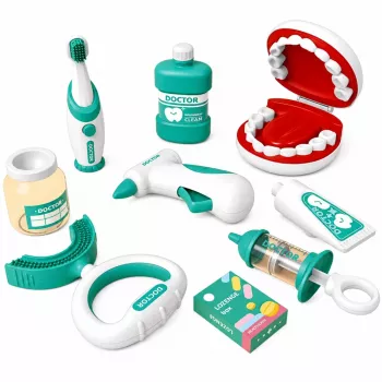 LEAN TOYS Little Dentist rinkinys su vibruojančiu dantų šepetėliu, mėlynas, 15 dalių