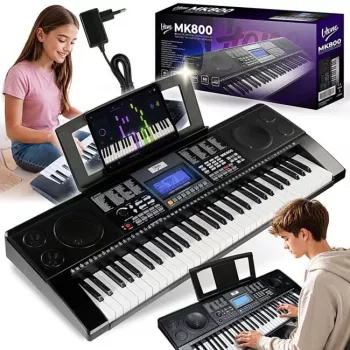 V-TONE MK800 nešiojama mokomoji elektrinė klaviatūra, 61 jautrūs prisilietimui klavišai, 300 garsų, 300 ritmų, 40 demonstracinių dainų, LCD ekranas, USB MIDI, ausinių išėjimas, mikrofonų įėjimas, pedalo įėjimas, 2x5W garsiakalbiai, juoda