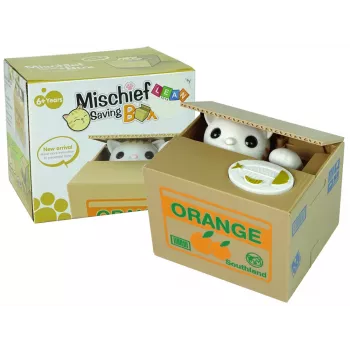 LEAN TOYS Mischief Saving Box Cute Kitty taupyklė - balta katė su rudu dėžės pagrindu