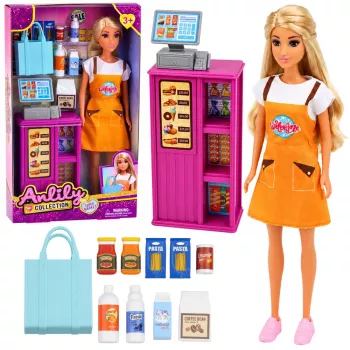 LEAN TOYS Anlily lėlė kasininkė su kasos aparatu ir maisto produktų rinkiniu