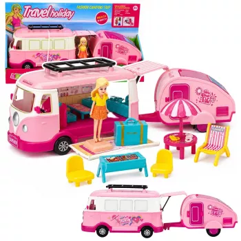LEAN TOYS Travel Set Camper su priekaba lėlių baldams ir aksesuarams, rožinė