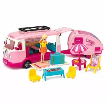 LEAN TOYS Travel Set Camper su priekaba lėlių baldams ir aksesuarams, rožinė