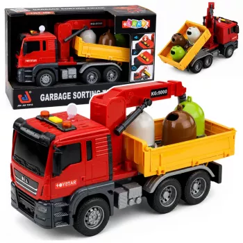 LEAN TOYS šiukšliavežis su kranu, rūšiavimo konteineriais, šviesomis ir garsu, raudonas