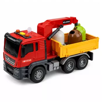 LEAN TOYS šiukšliavežis su kranu, rūšiavimo konteineriais, šviesomis ir garsu, raudonas