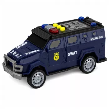 LEAN TOYS SWAT Special Unit policijos automobilis 1:32 mastelio su šviesomis, garsu ir atbulinės eigos mechanizmu - tamsiai mėlynas