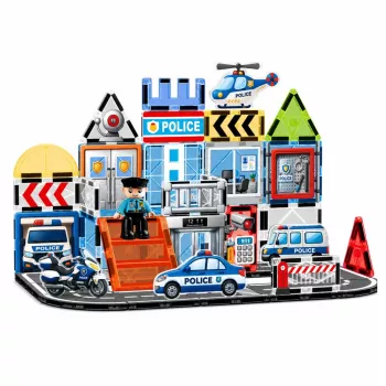 LEAN TOYS Magnetiniai konstrukciniai blokeliai Policijos bazė su transporto priemonėmis ir policininku, 44 vnt.