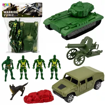LEAN TOYS karinis rinkinys su tanku, transporto priemone ir kareiviais - 13 vnt.