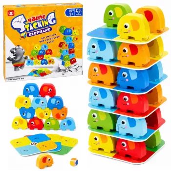 LEAN TOYS Elephant Tower įgūdžių žaidimas – balansuojantys drambliai su spalvotomis kortelėmis, 46 vnt.