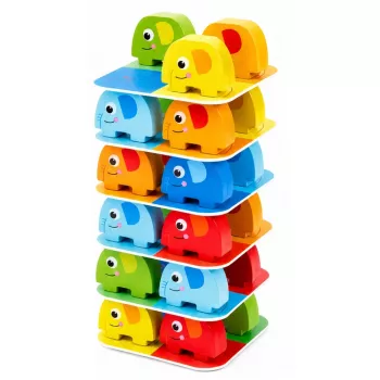 LEAN TOYS Elephant Tower įgūdžių žaidimas – balansuojantys drambliai su spalvotomis kortelėmis, 46 vnt.