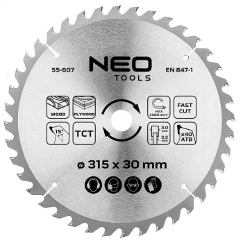 NEO TOOLS 315 mm TCT apskrito pjūklo diskas, 40 dantų, 30 mm anga, medienos pjovimui