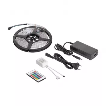 REBEL LED0175-2 5m RGB LED juostos rinkinys su IR nuotolinio valdymo pultu, 300 SMD 5050 šviesos diodų, 12V maitinimo adapteriu, 16 milijonų spalvų, reguliuojamas ryškumas, IP20