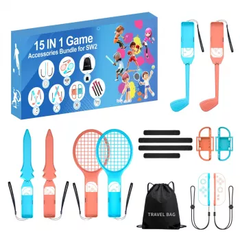 HURTEL Family Accessories Pack 15 in 1, skirtas Nintendo Switch 2 konsolei - oranžinės ir mėlynos spalvos rinkinys