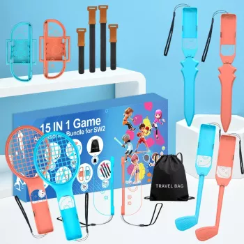 HURTEL Family Accessories Pack 15 in 1, skirtas Nintendo Switch 2 konsolei - oranžinės ir mėlynos spalvos rinkinys