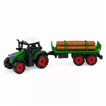 LEAN TOYS Žemės ūkio traktorius su rąstų priekaba, inercinis, su šieno rulonu, 35 cm