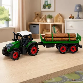 LEAN TOYS Žemės ūkio traktorius su rąstų priekaba, inercinis, su šieno rulonu, 35 cm