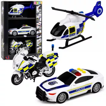 LEAN TOYS policijos rinkinys: sraigtasparnis, motociklas ir policijos automobilis su šviesomis ir garsais 1:32