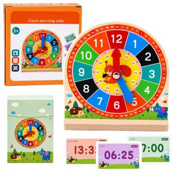 LEAN TOYS medinis mokomasis laikrodis su judančiomis rodyklėmis ir kortelėmis, 55 vnt.