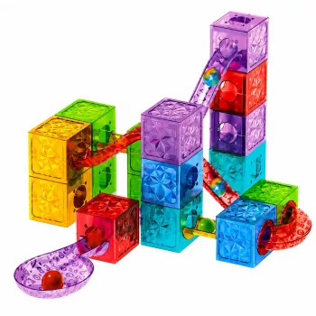 LEAN TOYS Magnetiniai konstruktoriaus kubeliai su rutuliukų takeliu, spalvoti, 33 vnt.