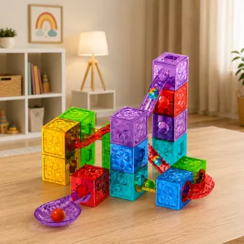 LEAN TOYS Magnetiniai konstruktoriaus kubeliai su rutuliukų takeliu, spalvoti, 33 vnt.