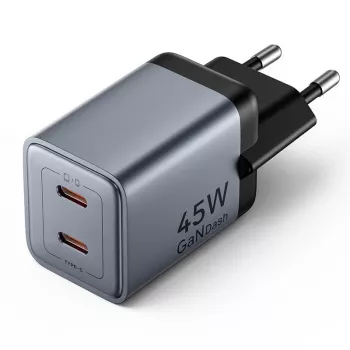 VENTION GaN 90W dviejų USB-C prievadų sieninis įkroviklis (45W+45W) - juodos spalvos
