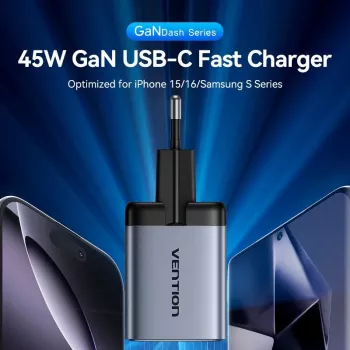 VENTION GaN 90W dviejų USB-C prievadų sieninis įkroviklis (45W+45W) - juodos spalvos