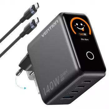 Vention 140W GaN įkroviklis su 1x USB-A, 3x USB-C ir USB-C į USB-C kabeliu 1m