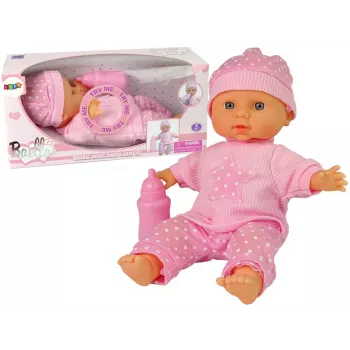 LEAN TOYS Sweet Baby Doll Pink Bottle Sounds interaktyvi 30 cm kūdikio lėlė su maitinimo buteliuku