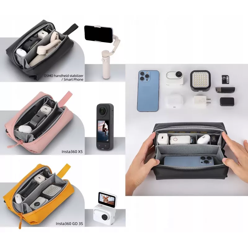 SUNNYLIFE kieto korpuso nešiojimo dėklas-organaizeris, skirtas DJI Osmo Pocket 3, Insta360 X5 ir Go 3s – rožinis