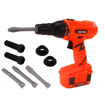 LEAN TOYS DIY baterijomis varomas grąžtas, oranžinis, su antgaliais ir varžtais