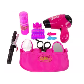 LEAN TOYS Beauty Hairdressing rinkinys su plaukų džiovintuvu ir garbanojimo žnyplėmis, rožinės spalvos, 15 dalių, vaikams nuo 3 m.