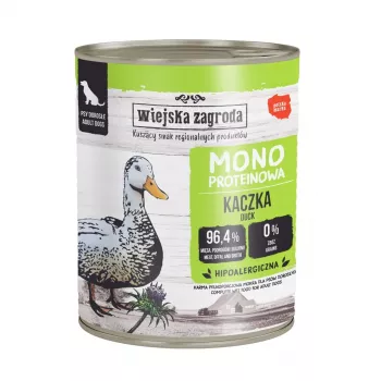 WIEJSKA ZAGRODA Mono Duck šlapias ėdalas šunims – 800 g skardinė, be grūdų, vieno baltymo