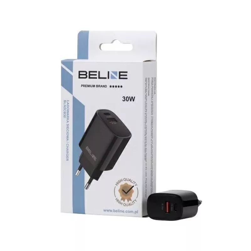 Beline GaN 30W USB-C PD + USB-A QC sieninis įkroviklis, juodas (tik įkroviklis)