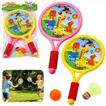 LEAN TOYS vaikiškos badmintono raketės „Animals“ geltona rožinė
