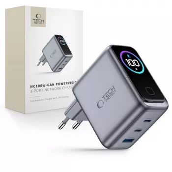 TECH-PROTECT PowerVision NC100W GaN 100W 3 prievadų USB-C PD ir USB-A QC3.0 sieninis įkroviklis - tamsiai pilka