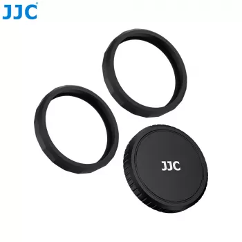 JJC LRR-OA6K2 objektyvo dangtelio ir dekoratyvinių žiedų rinkinys, skirtas DJI Osmo Action 6 (juodas dangtelis, raudonas ir mėlynas žiedai)