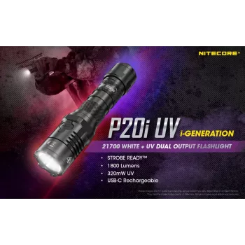 Nitecore NT-P20I-UV taktinė žibintuvėlis su UV šviesa, 1800 liumenų, USB-C įkrovimas, IP68, juoda