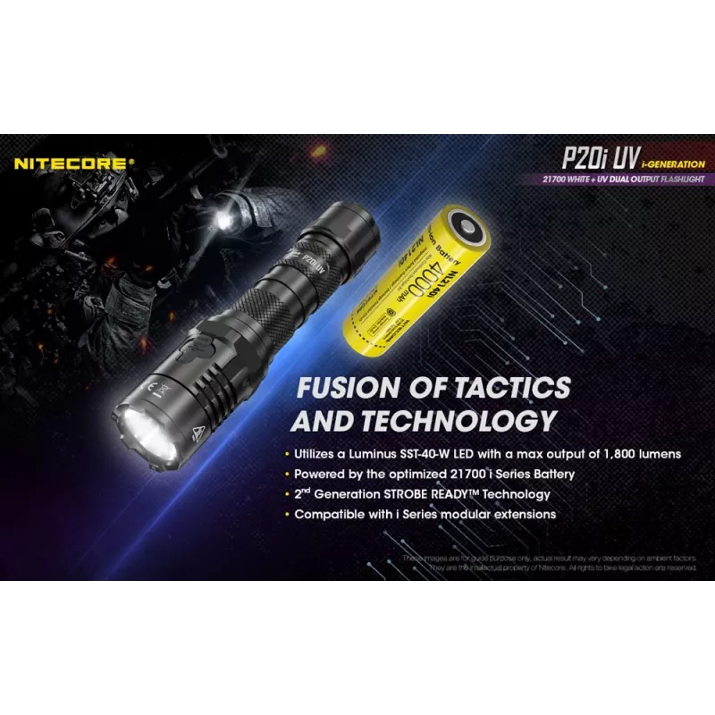 Nitecore NT-P20I-UV taktinė žibintuvėlis su UV šviesa, 1800 liumenų, USB-C įkrovimas, IP68, juoda