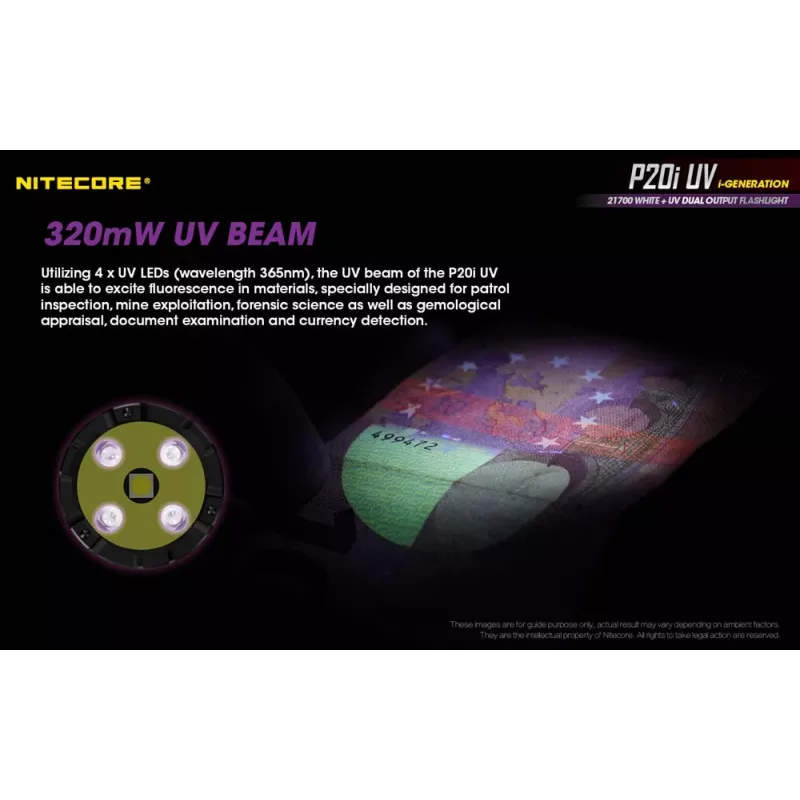 Nitecore NT-P20I-UV taktinė žibintuvėlis su UV šviesa, 1800 liumenų, USB-C įkrovimas, IP68, juoda