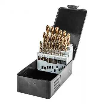 NEO TOOLS 25 vnt. HSS-TiN grąžtų rinkinys metalui, 1,0–13,0 mm, DIN 338, 135° skeltu antgaliu, metaliniame dėkle