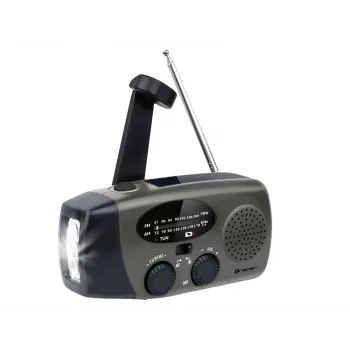 TRACER EXPLORER PRO ekspedicinis radijas su saulės panele, rankine sukimosi svirtimi, NOAA orų juosta, AM/FM, LED žibintuvėliu ir USB power bank