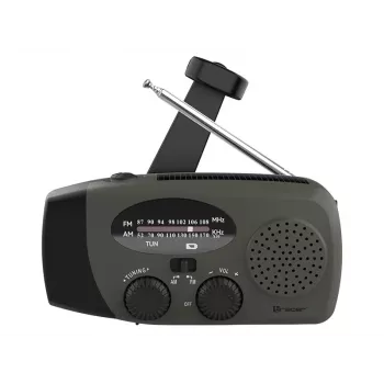 TRACER EXPLORER PRO ekspedicinis radijas su saulės panele, rankine sukimosi svirtimi, NOAA orų juosta, AM/FM, LED žibintuvėliu ir USB power bank